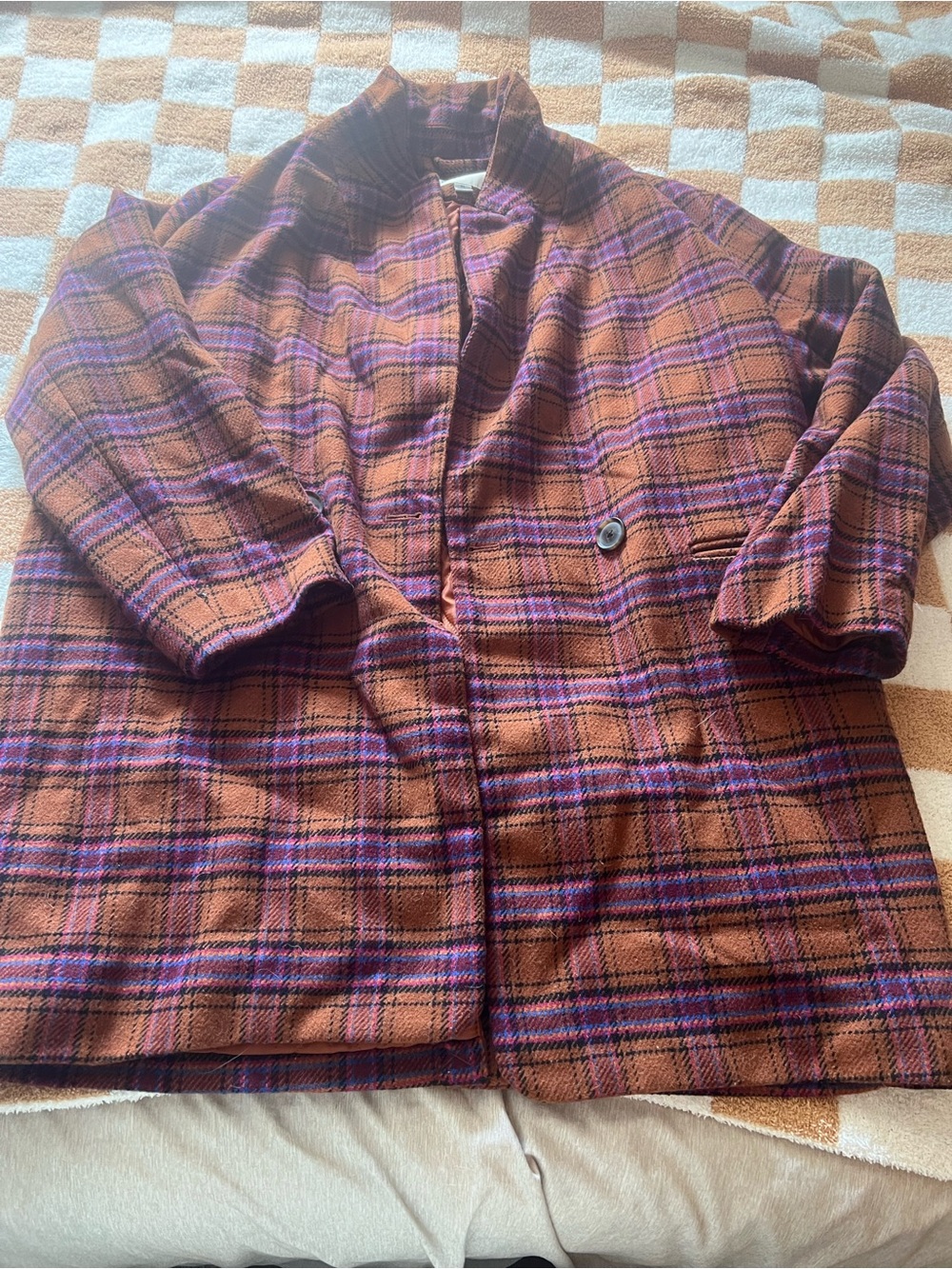 a new day Brown and Purple Plaid Wool-Blend Pea Coat